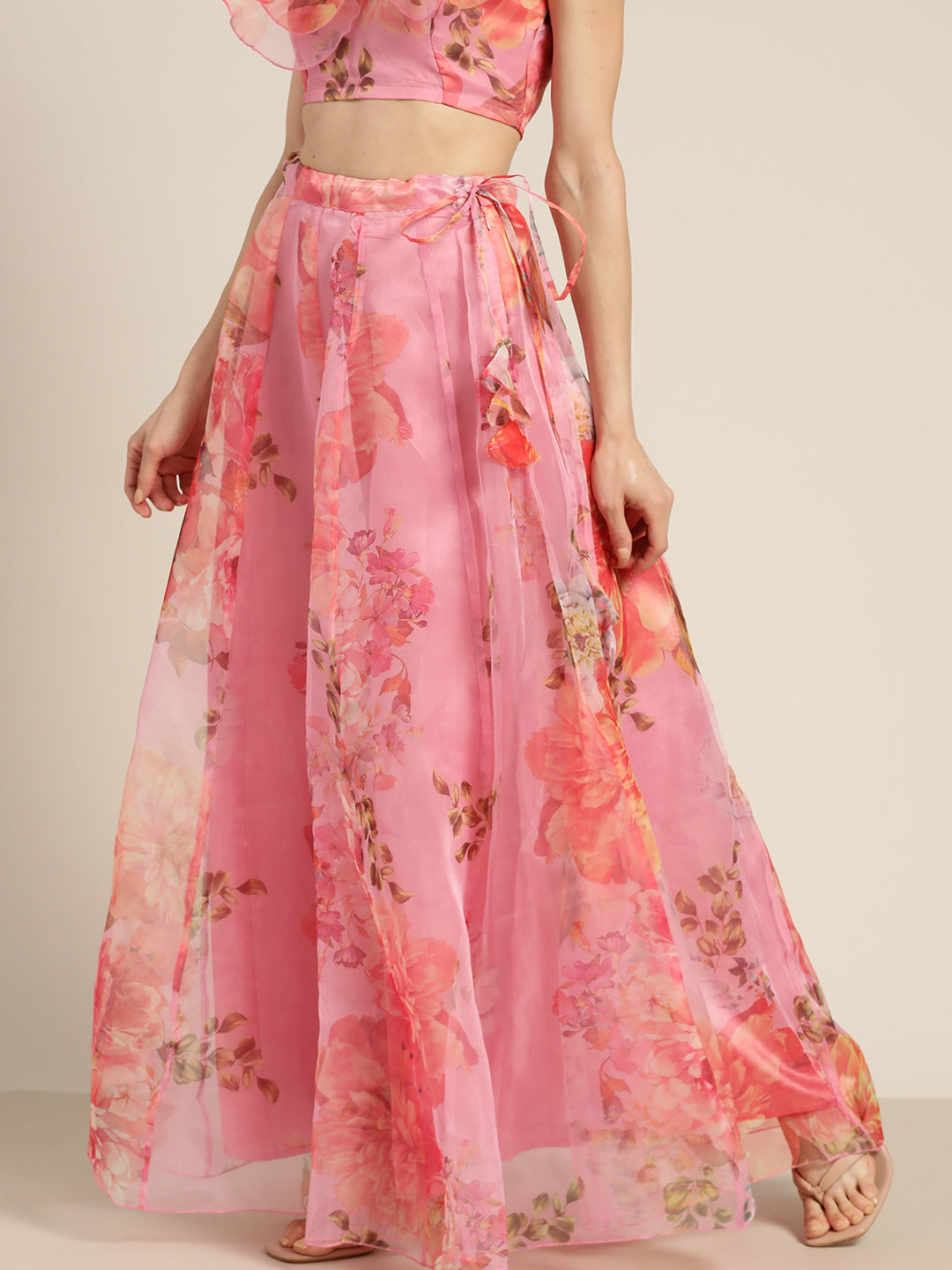 Women Pink Organza Floral Anarkali Skirt