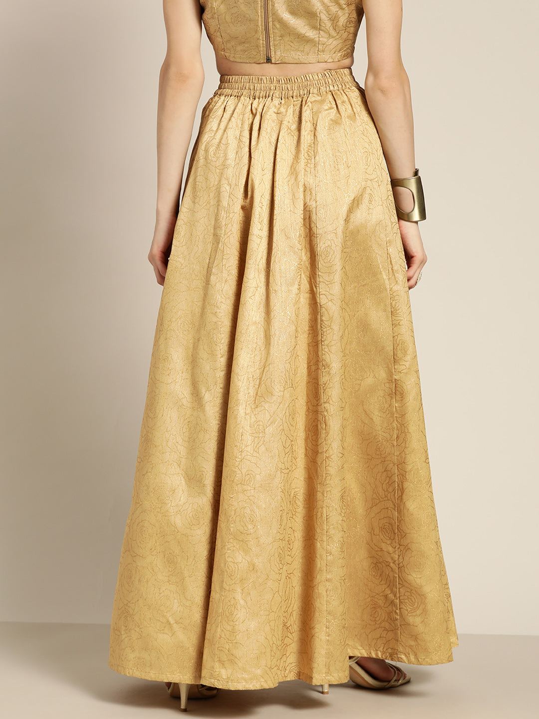 Women Gold Chanderi Foil Pocket Anarkali Skirt