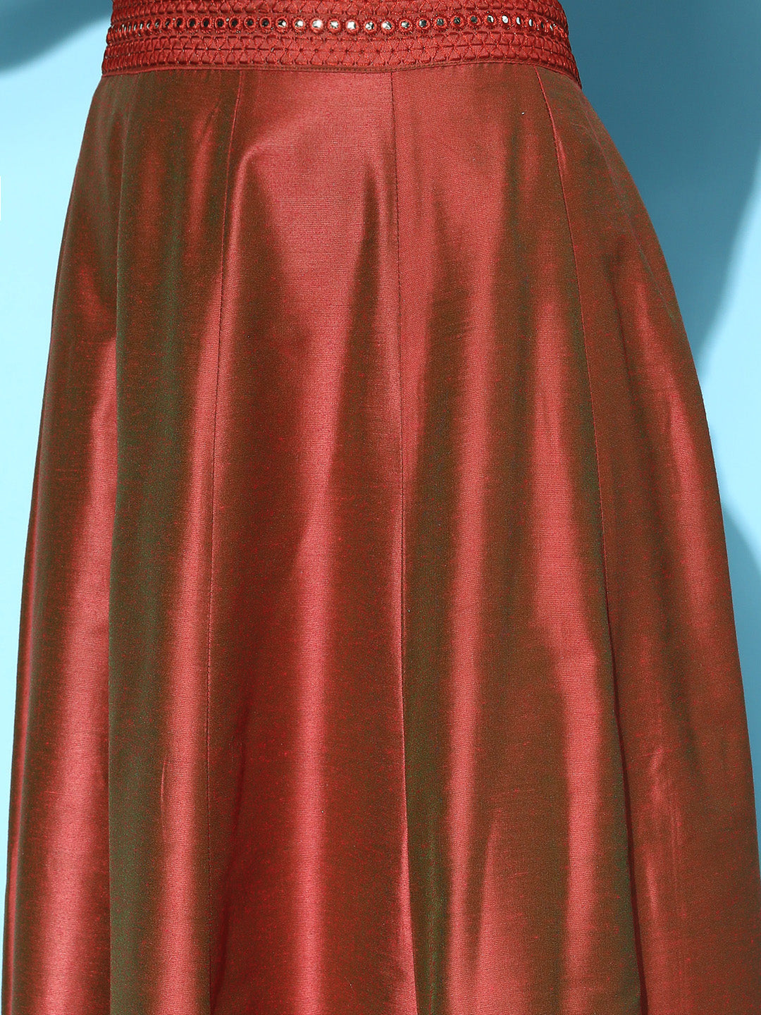 Women Rust Mirror Embroidered Waistband Anarkali Skirt