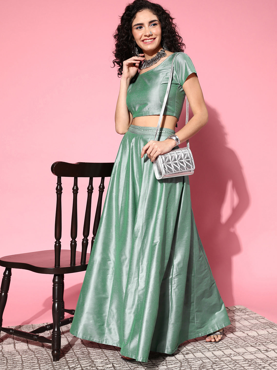 Women Green Mirror Embroidered Waistband Anarkali Skirt