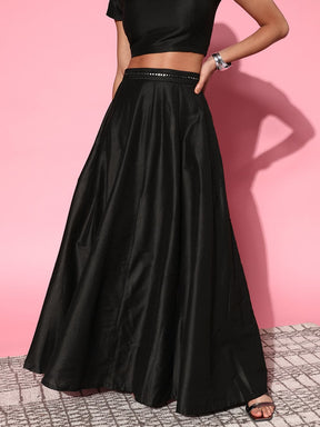 Black Mirror Embroidered Waistband Anarkali Skirt Shae by SASSAFRAS