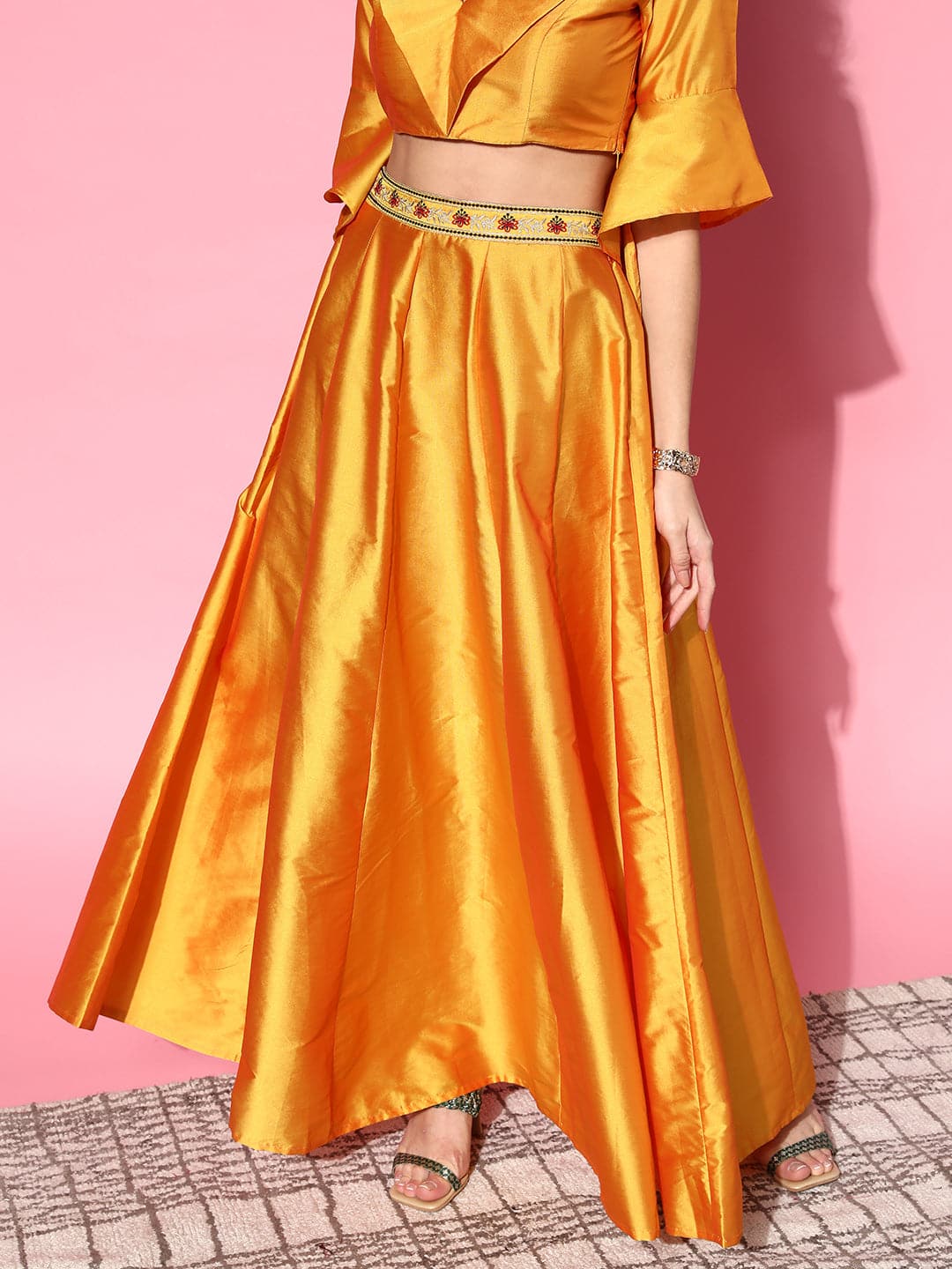 Mustard Embroidered Waistband Anarkali Skirt Shae by SASSAFRAS
