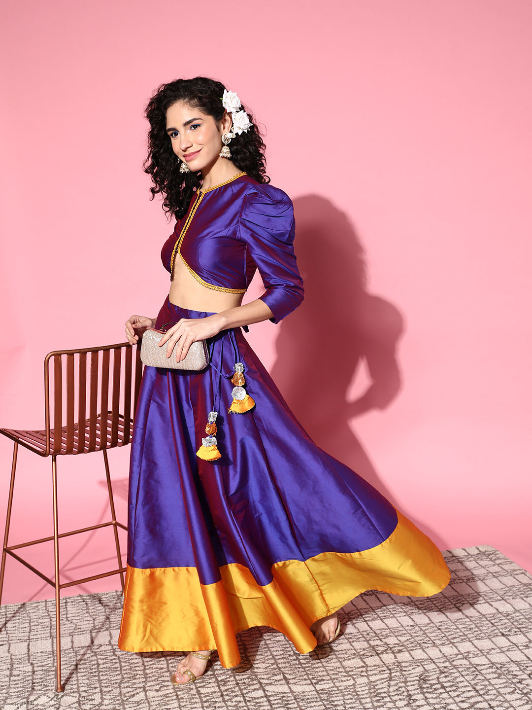 Women Purple & Mustard Contrast Border Anarkali Skirt