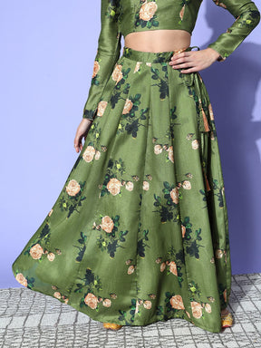 Green Floral Chanderi Anarkali Skirt-Shae by SASSAFRAS