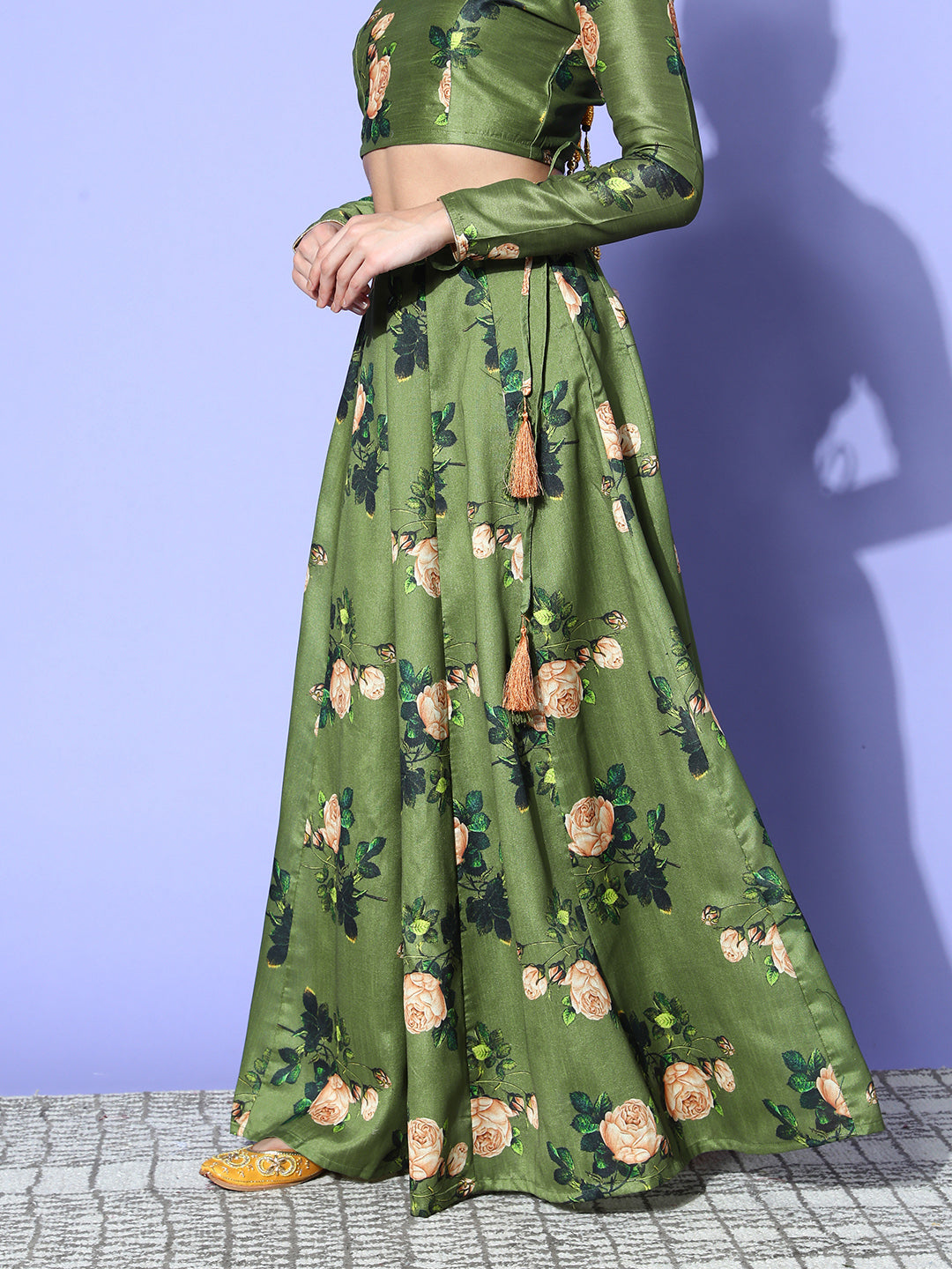 Women Green Floral Chanderi Anarkali Skirt