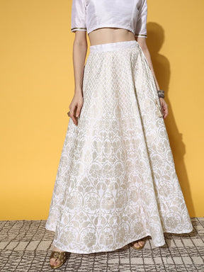 White Foil Print Anarkali Skirt-Shae by SASSAFRAS