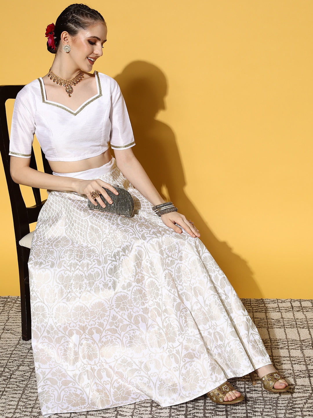 Women White Foil Print Anarkali Skirt