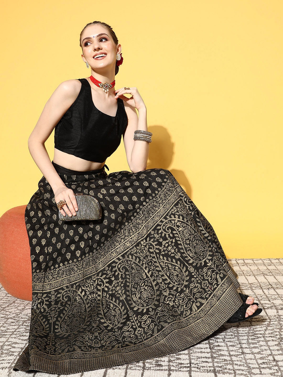Women Black Paisely Foil Print Anarkali Skirt