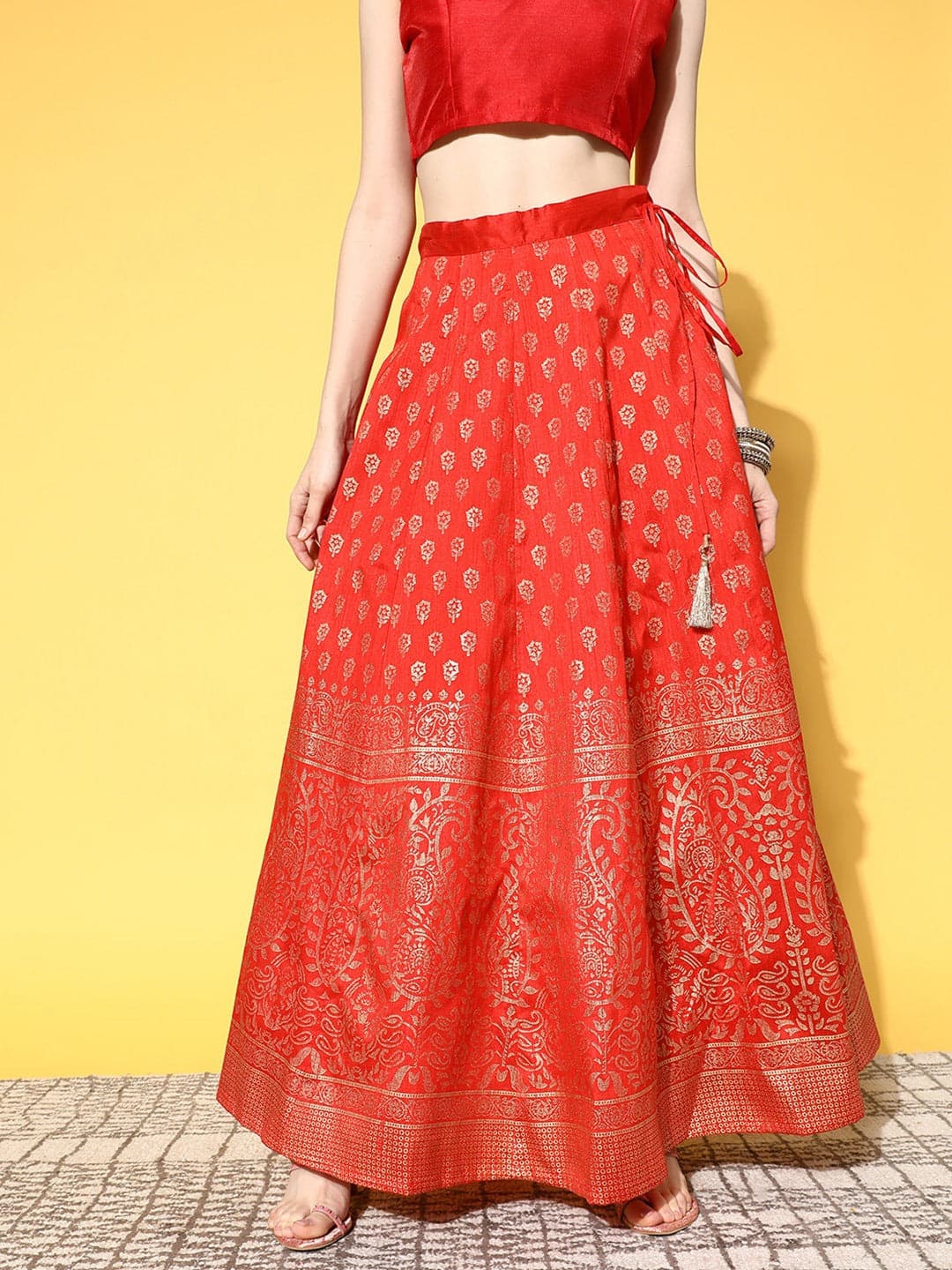 Red Paisely Foil Print Anarkali Skirt-Shae by SASSAFRAS