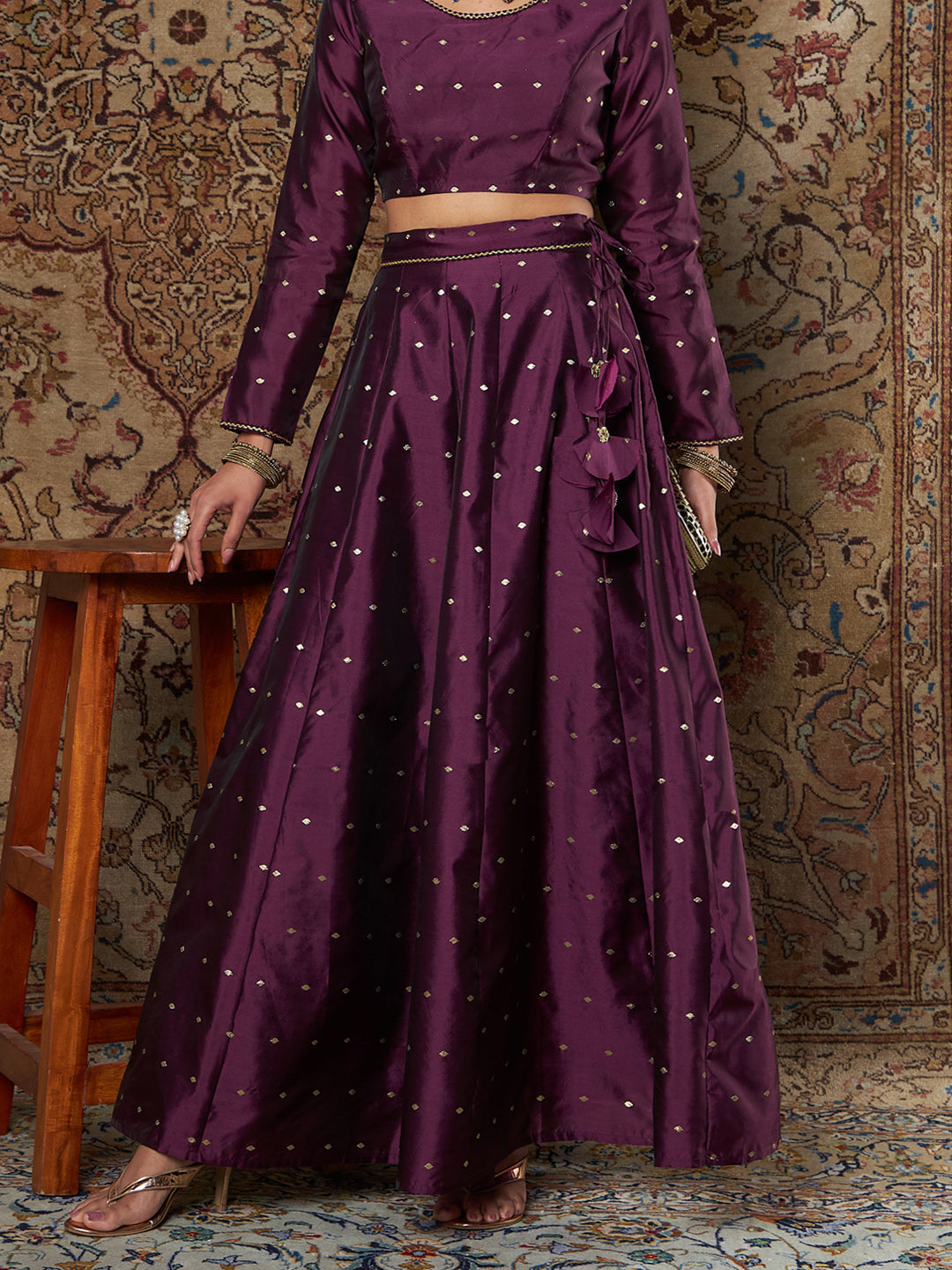 Purple Taffeta Jacquard Anarkali Skirt-Shae by SASSAFRAS