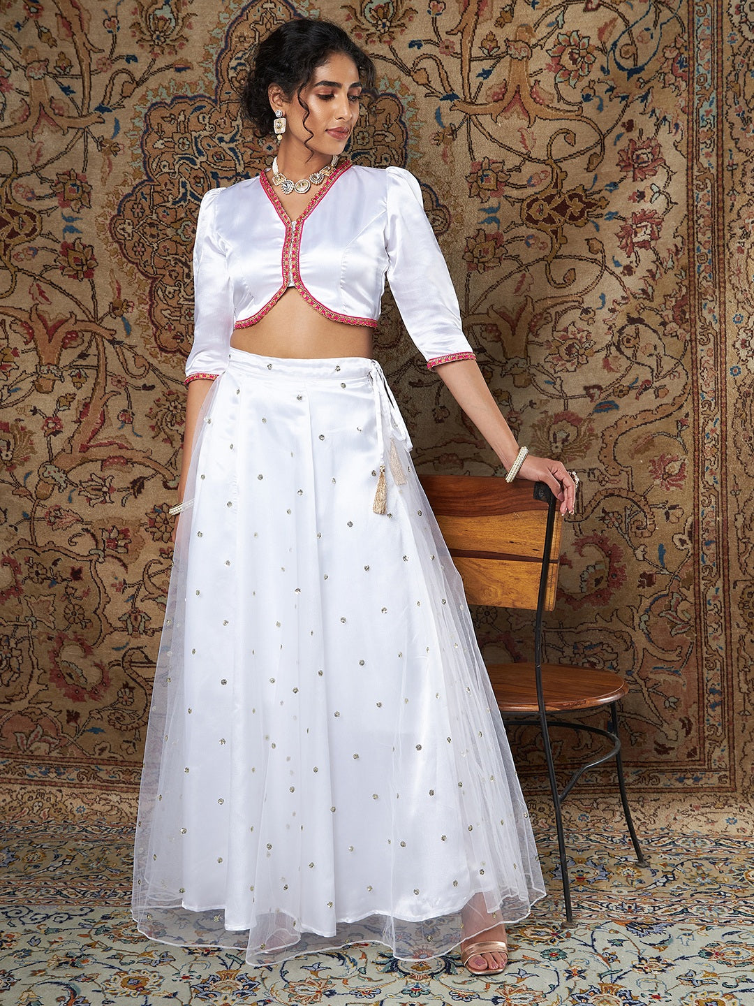 Women White Tulle Sequins Anarkali Skirt