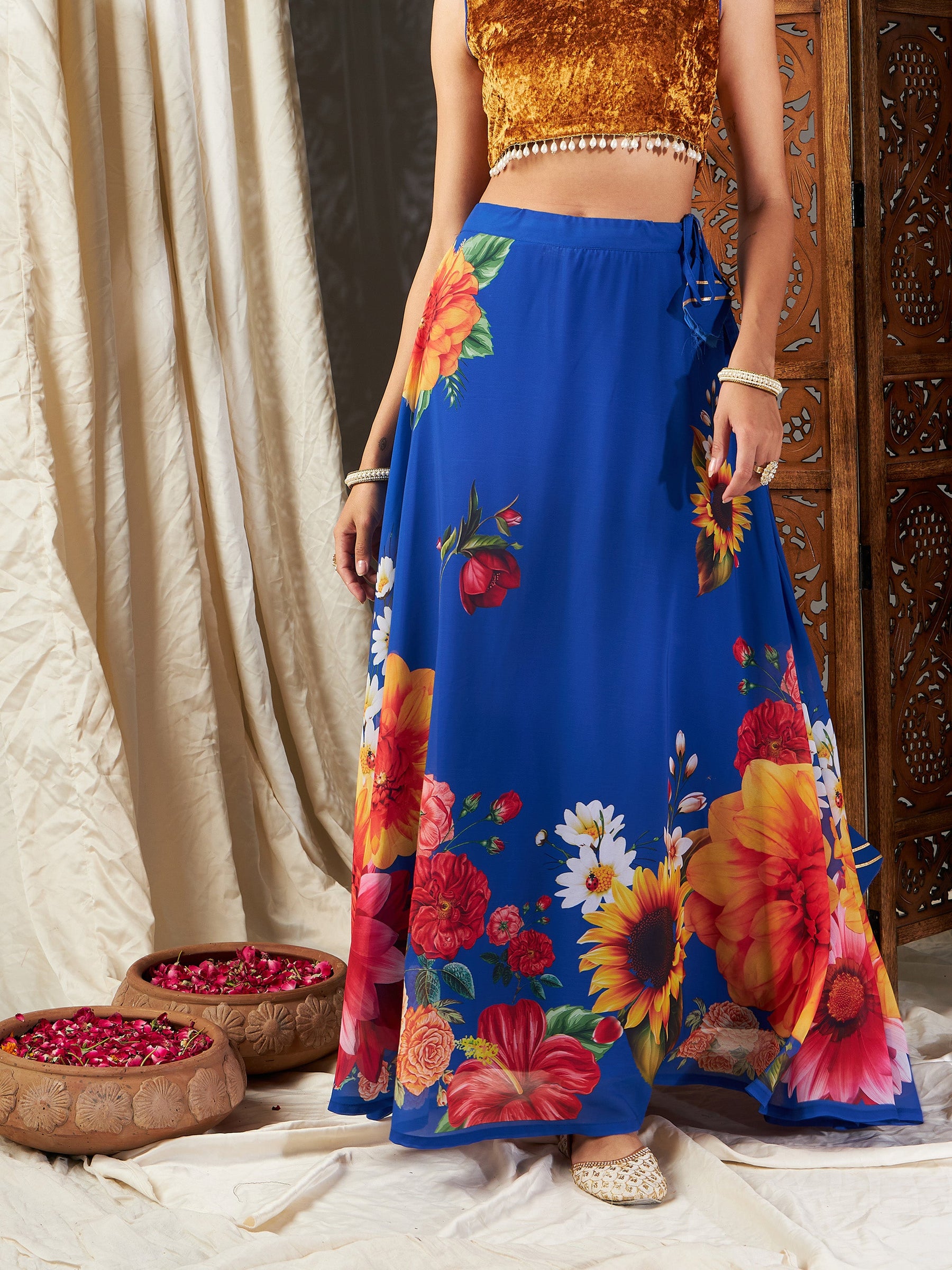 Buy Blue Floral Bias Flared Skirt Online At Best Price