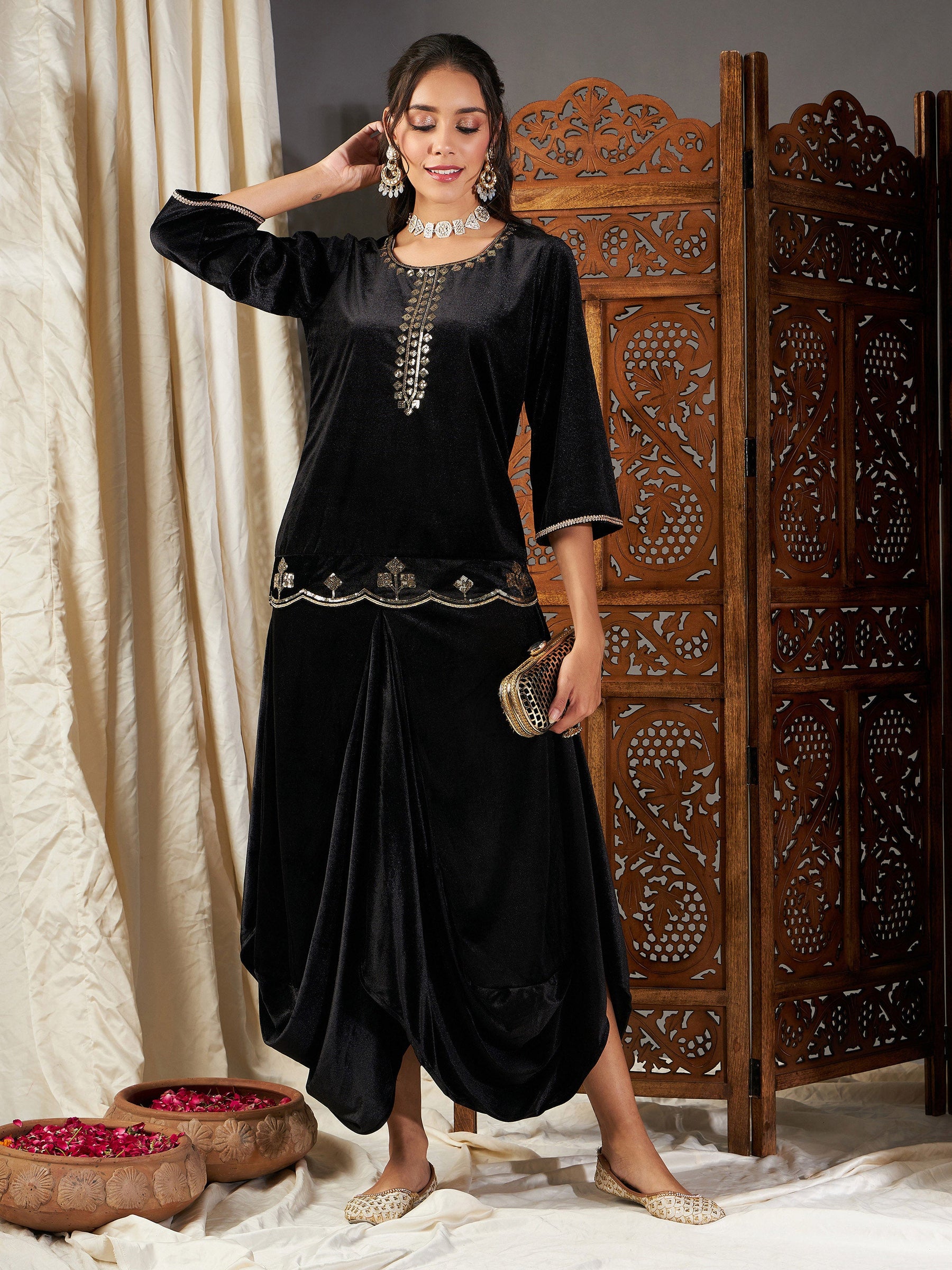 Black Velvet Dhoti Skirt-Shae by SASSAFRAS