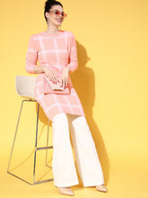 Pink & White Check Hair Wool Long Sweater-Shae by SASSAFRAS