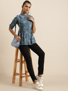 Blue Floral Front Button Gathered Top