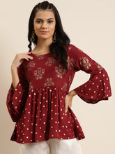 Maroon Foil Print Flared Sleeves Top-Tops-SASSAFRAS