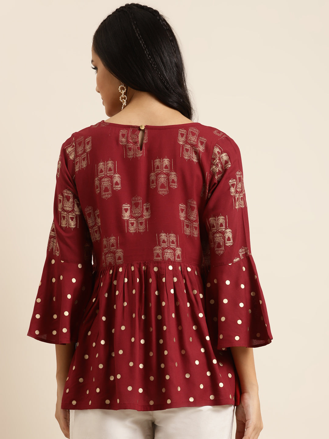 Maroon Foil Print Flared Sleeves Top