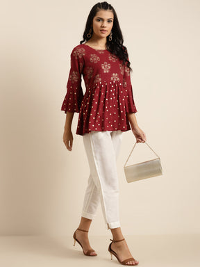 Maroon Foil Print Flared Sleeves Top