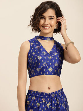 Blue Foil Print Choker Neck Top-Tops-SASSAFRAS