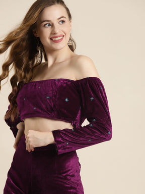 Purple Off Shoulder Velvet Embroidered Crop Top