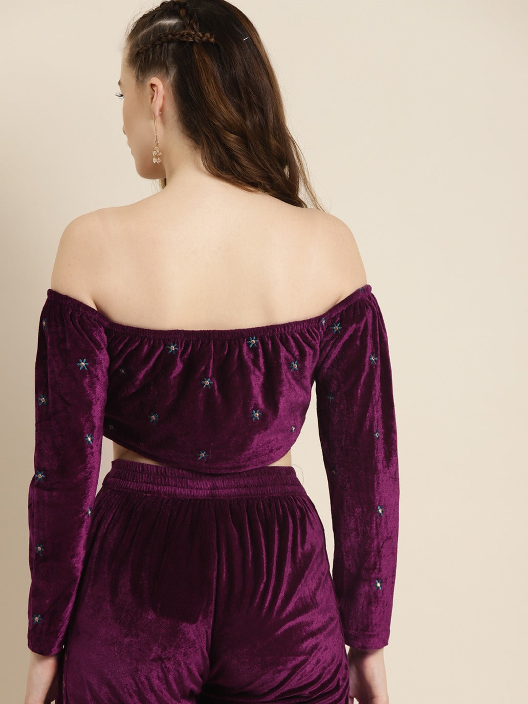 Purple Off Shoulder Velvet Embroidered Crop Top