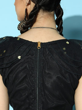 Women Black Tulle Sequin V Neck Crop Top
