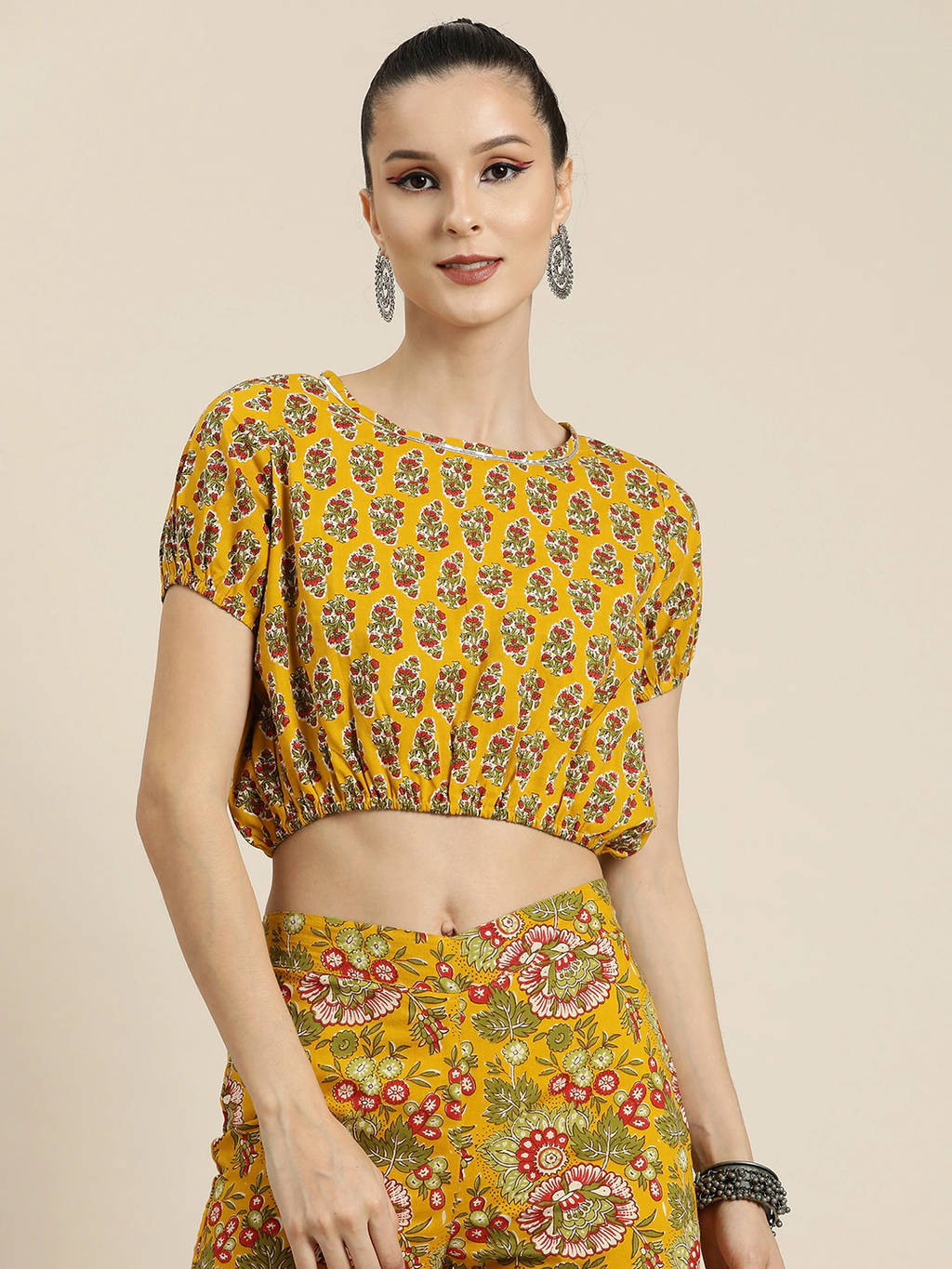 Buy Mustard Booti Floral Crop Top Online At Best Price