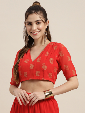 Women Red Foil Print V Neck Crop Top-Tops-SASSAFRAS