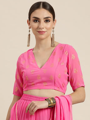 Women Pink Foil Print V Neck Crop Top-Tops-SASSAFRAS