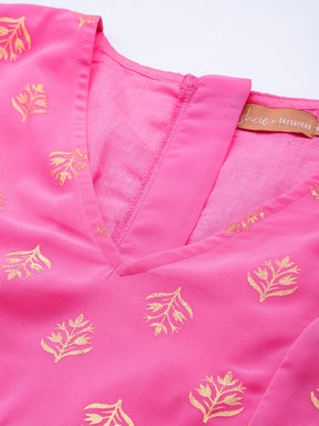 Women Pink Foil Print V Neck Crop Top
