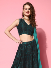 Teal Chanderi Floral Attached Dupatta Crop Top-Shae by SASSAFRAS