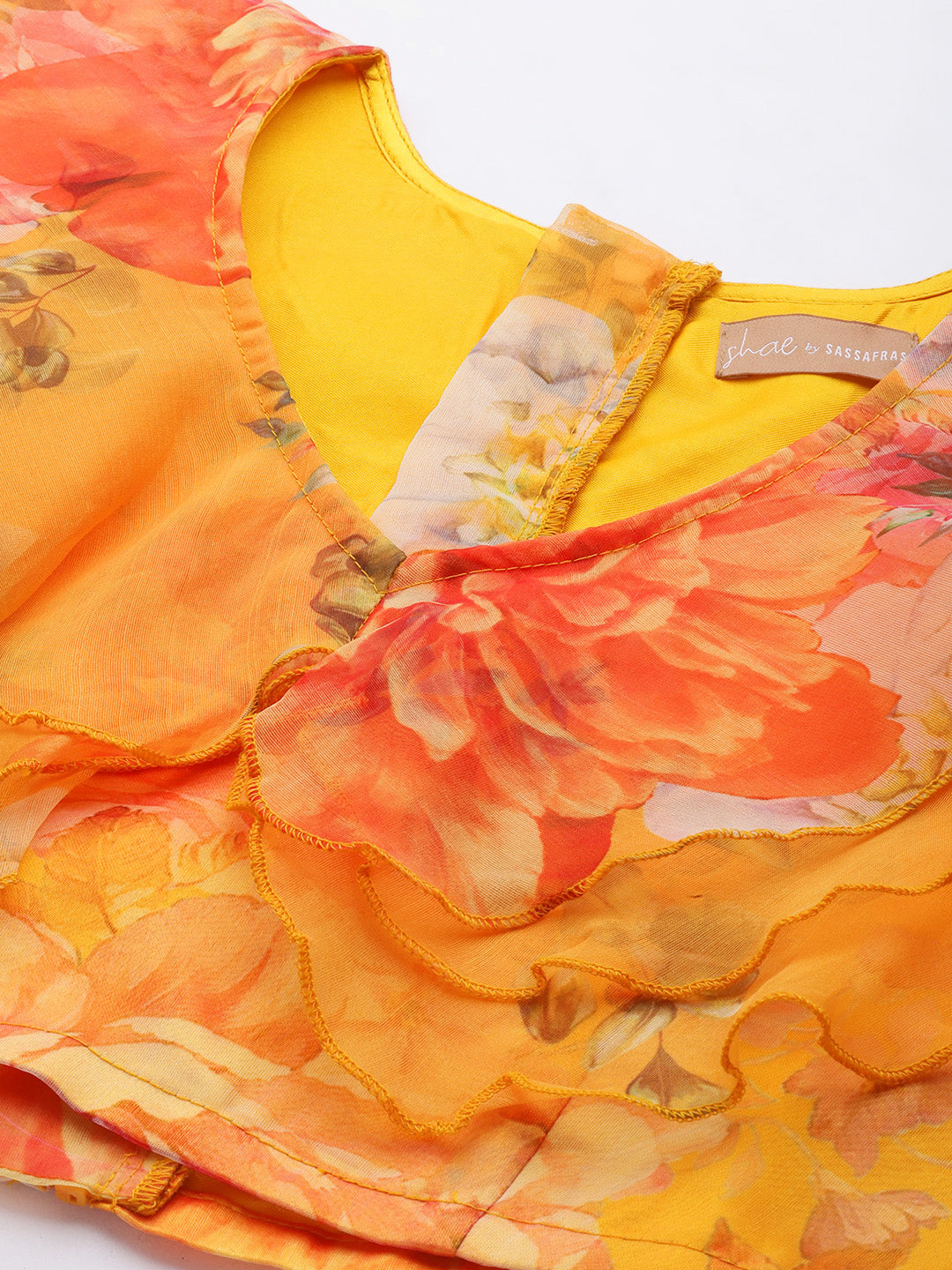 Women Yellow Organza Floral Crop Top