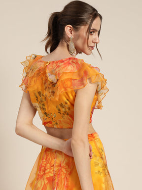 Women Yellow Organza Floral Crop Top