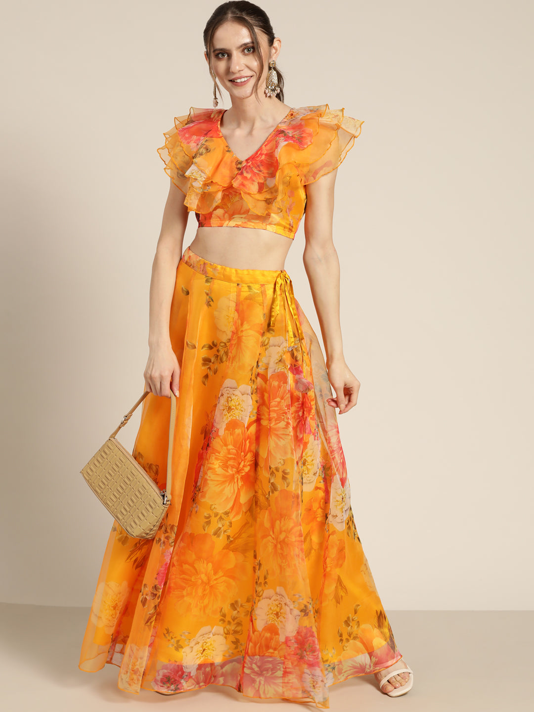 Women Yellow Organza Floral Crop Top