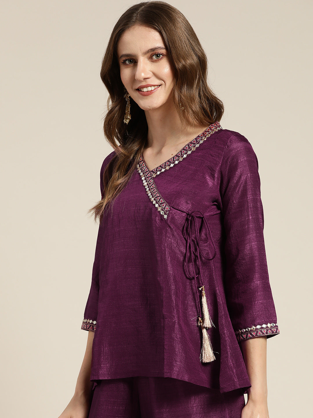 Women Burgundy Mirror Embroidered Angrakha Top