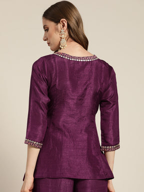 Women Burgundy Mirror Embroidered Angrakha Top