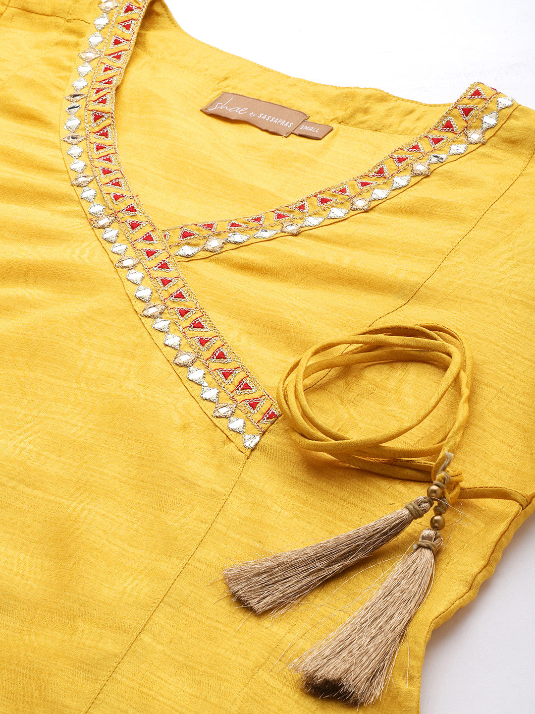 Women Mustard Mirror Embroidered Angrakha Top