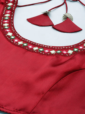 Women Maroon Satin Zari Embroidered Crop Top