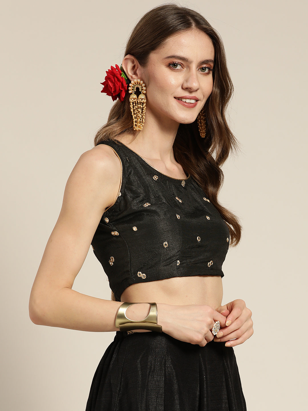 Women Black Mirror Embroidered Sleeveless Crop Top
