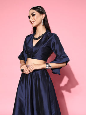 Women Navy Notch Collar Crop Top