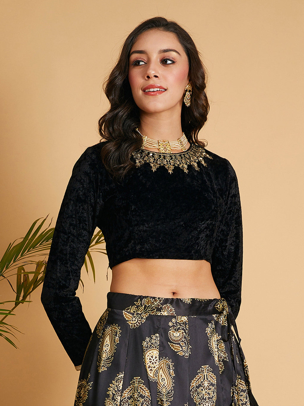 Women Black Velvet Embroidered Full Sleeves Crop Top